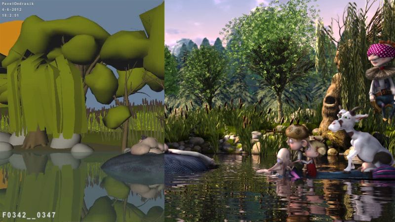 Záběr z filmu, polovina obrazu je již po fázi renderování, polovina stále ve fázi finální animace